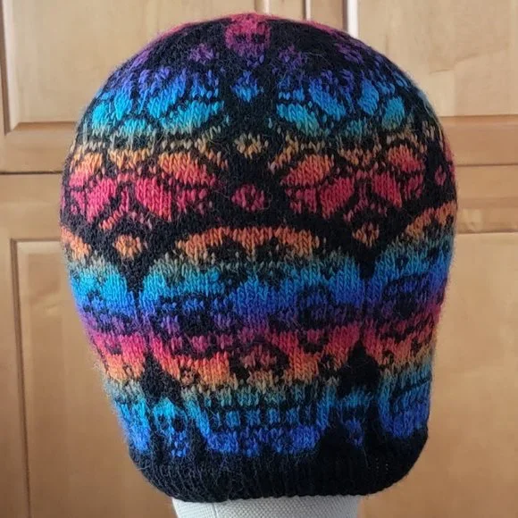 Hand Crafted Hand Knit Sugar Skull 💀 Slouchy Beanie Hat - Rainbow Colors - Picture 2 of 5
